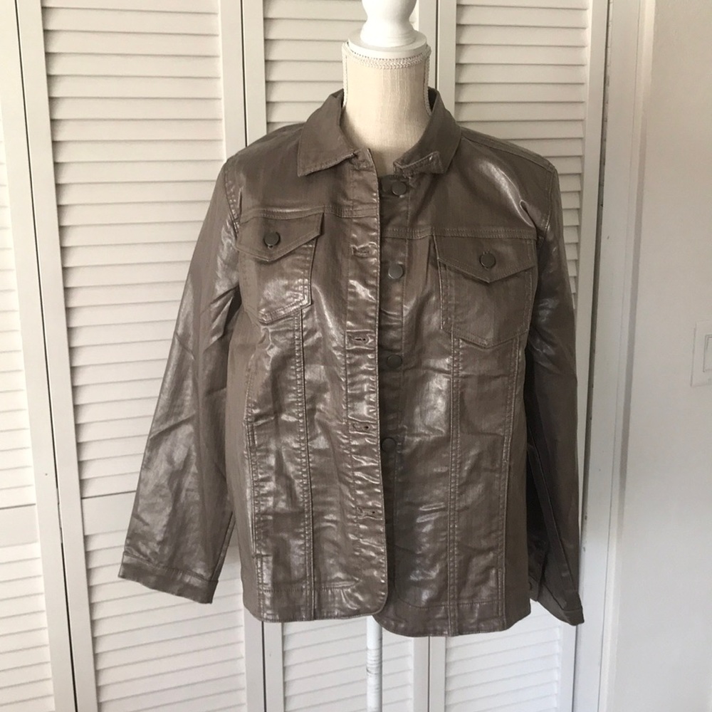 Chico’s tan metallic jacket, size L (Chico’s 3) it is jean jacket style raincoat
